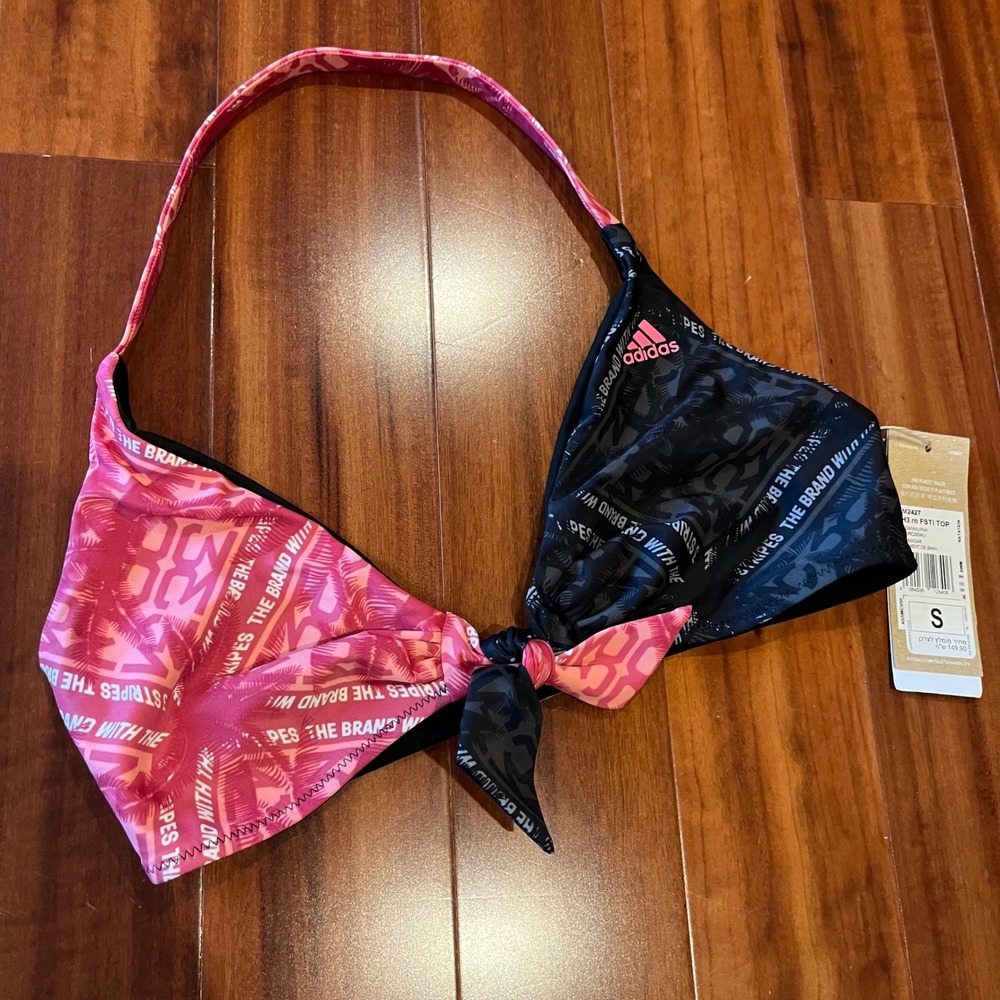 Adidas Bikini Top Colorblock Red Black Graphic Halter Swim GM2427 New Size Small